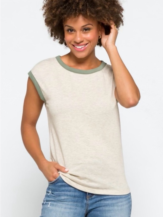 Pink Clover Tops - Pink Clover Iggy Short Sleeve Knit Top Cream with Sage Trim